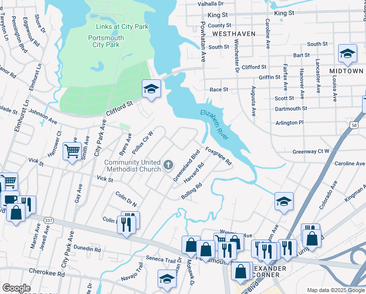 map of restaurants, bars, coffee shops, grocery stores, and more near 44 Rivercrest Drive in Portsmouth