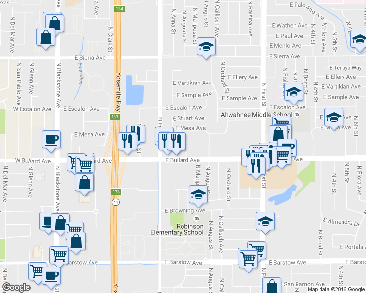 map of restaurants, bars, coffee shops, grocery stores, and more near 6027 North Augusta Street in Fresno