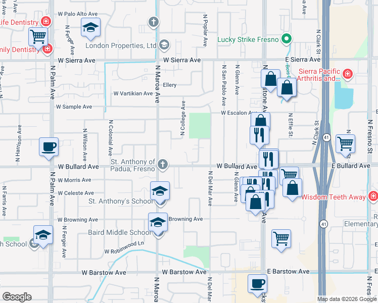 map of restaurants, bars, coffee shops, grocery stores, and more near 6039 North Poplar Avenue in Fresno