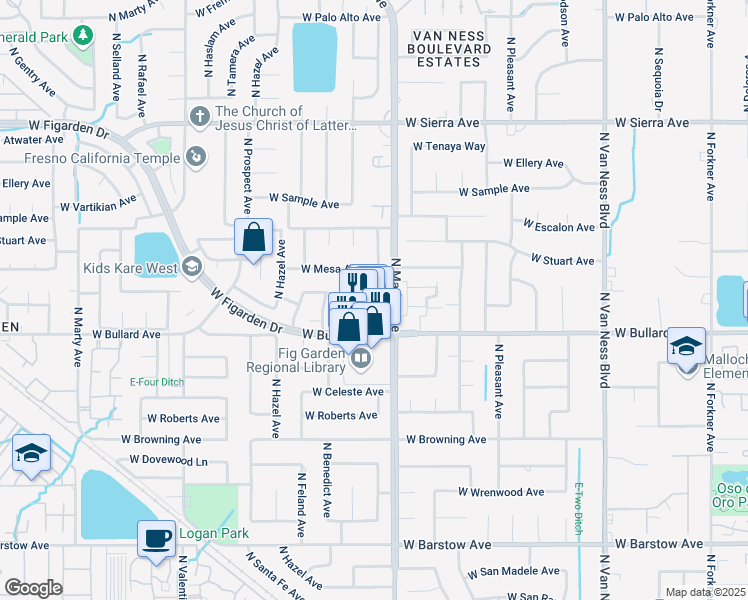 map of restaurants, bars, coffee shops, grocery stores, and more near 3028 West Bullard Avenue in Fresno