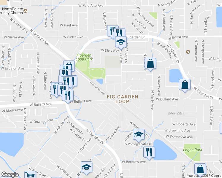 map of restaurants, bars, coffee shops, grocery stores, and more near 400 West Calimyrna Avenue in Fresno