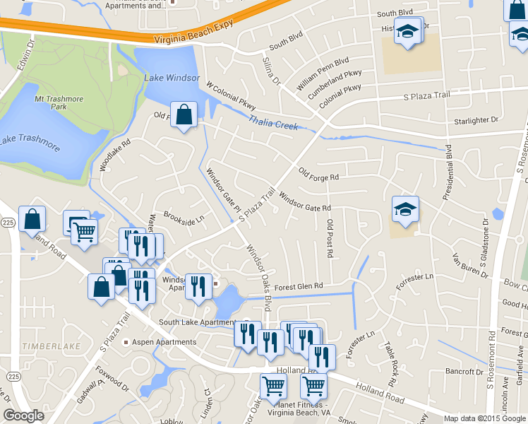 map of restaurants, bars, coffee shops, grocery stores, and more near 3908 Wood Gate Lane in Virginia Beach