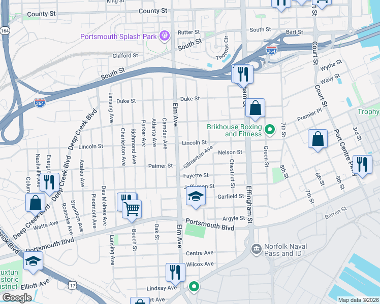map of restaurants, bars, coffee shops, grocery stores, and more near 208 Gilmerton Avenue in Portsmouth