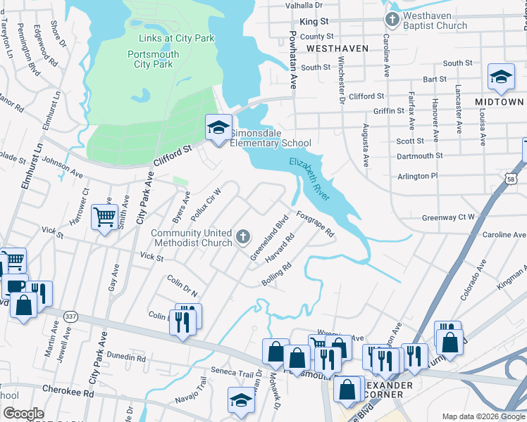map of restaurants, bars, coffee shops, grocery stores, and more near 43 Rivercrest Drive in Portsmouth