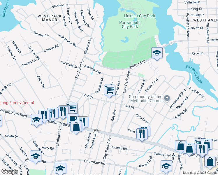 map of restaurants, bars, coffee shops, grocery stores, and more near 616 Jewell Avenue in Portsmouth