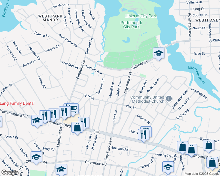 map of restaurants, bars, coffee shops, grocery stores, and more near 616 Jewell Avenue in Portsmouth