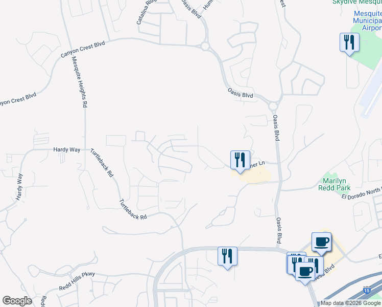 map of restaurants, bars, coffee shops, grocery stores, and more near 384 Turquoise Circle in Mesquite