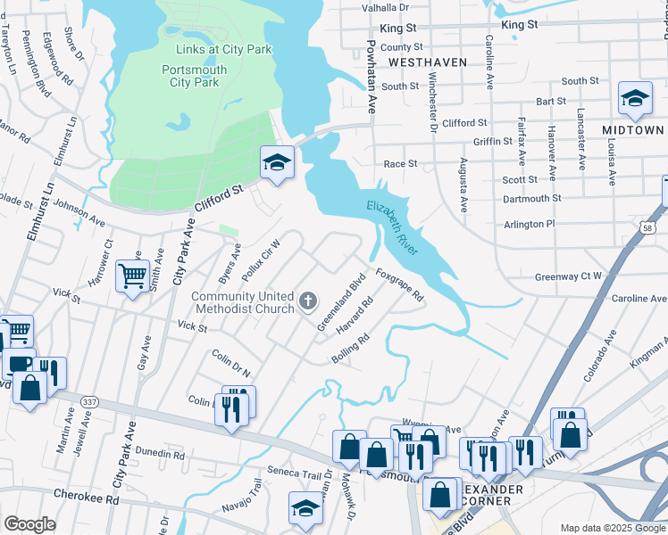 map of restaurants, bars, coffee shops, grocery stores, and more near 43 Rivercrest Drive in Portsmouth
