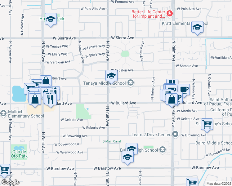 map of restaurants, bars, coffee shops, grocery stores, and more near 1373 West Mesa Avenue in Fresno