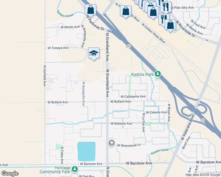 map of restaurants, bars, coffee shops, grocery stores, and more near 6065 North Sycamore Avenue in Fresno
