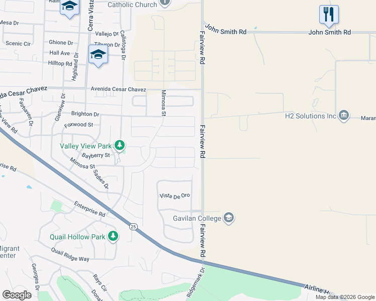 map of restaurants, bars, coffee shops, grocery stores, and more near 2051 Camden Street in Hollister