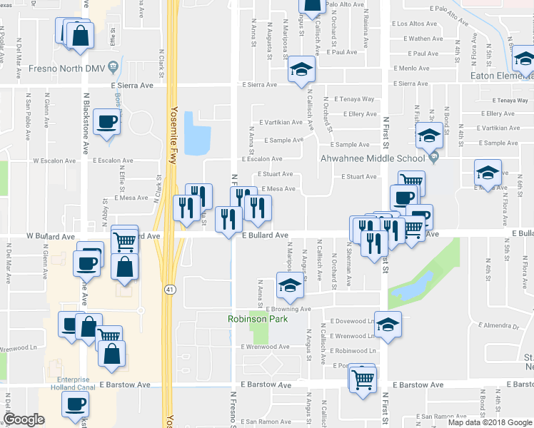 map of restaurants, bars, coffee shops, grocery stores, and more near 6051 North Augusta Street in Fresno