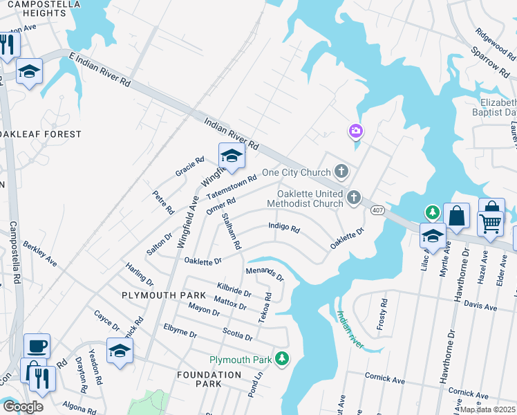 map of restaurants, bars, coffee shops, grocery stores, and more near 3210 Hornsea Road in Chesapeake
