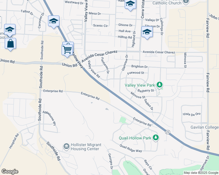 map of restaurants, bars, coffee shops, grocery stores, and more near 2481 Fairhaven Court in Hollister