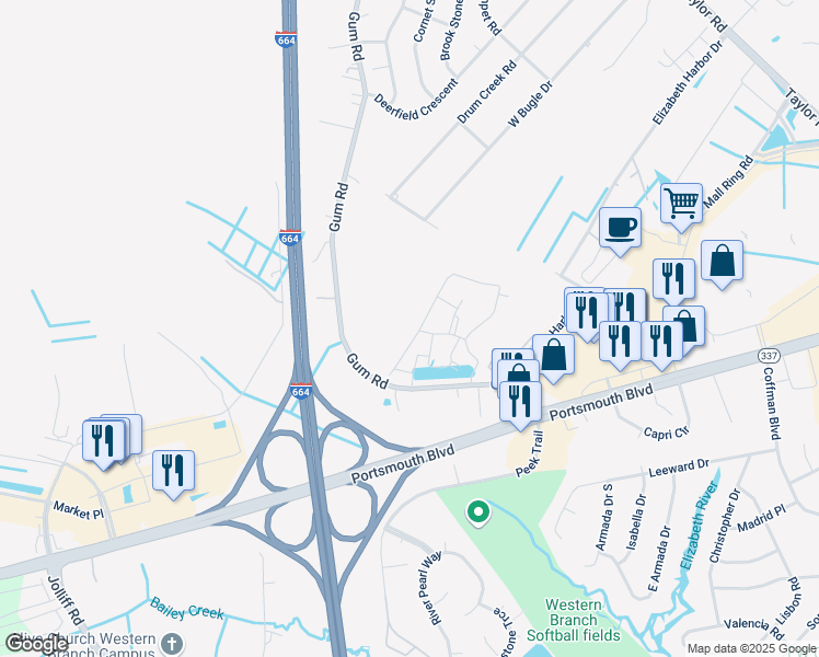 map of restaurants, bars, coffee shops, grocery stores, and more near 2656 Leytonstone Drive in Chesapeake