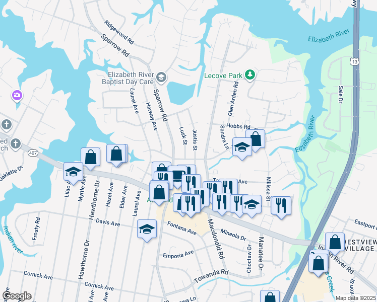 map of restaurants, bars, coffee shops, grocery stores, and more near 905 Lusk Street in Chesapeake