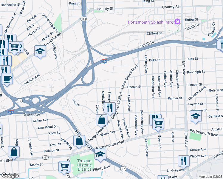 map of restaurants, bars, coffee shops, grocery stores, and more near 1917 Evergreen Place in Portsmouth