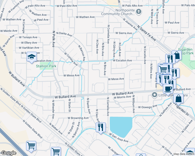 map of restaurants, bars, coffee shops, grocery stores, and more near 6189 North Cleo Avenue in Fresno