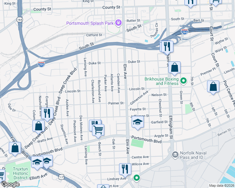 map of restaurants, bars, coffee shops, grocery stores, and more near 2017 Atlanta Avenue in Portsmouth