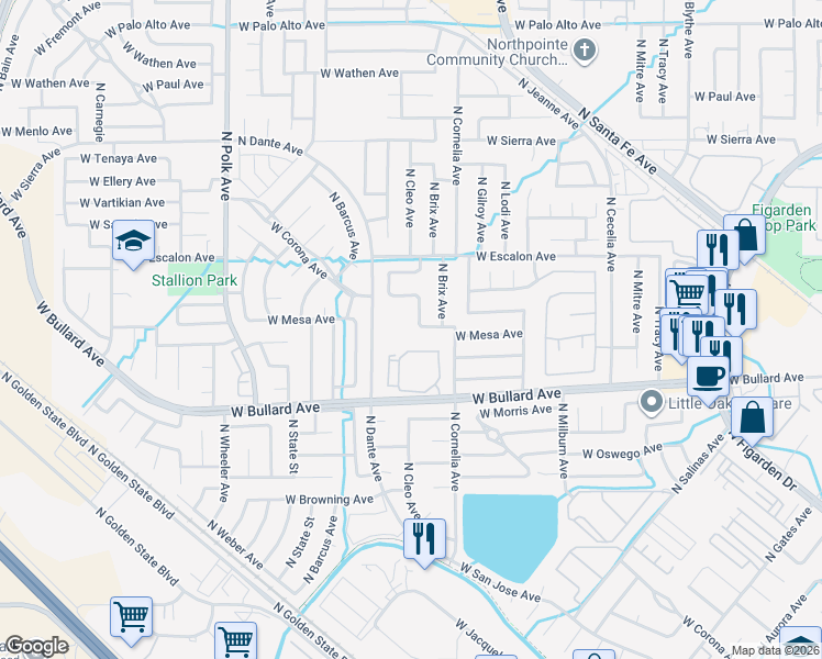 map of restaurants, bars, coffee shops, grocery stores, and more near 6189 North Cleo Avenue in Fresno