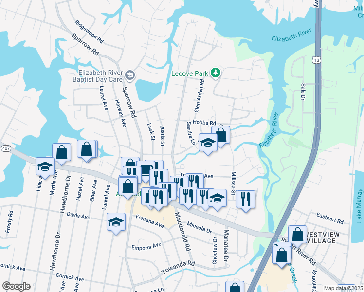 map of restaurants, bars, coffee shops, grocery stores, and more near 908 Neptune Avenue in Virginia Beach