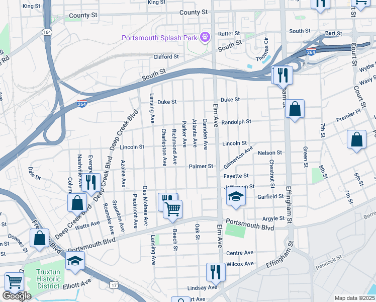 map of restaurants, bars, coffee shops, grocery stores, and more near 1907 Parker Avenue in Portsmouth
