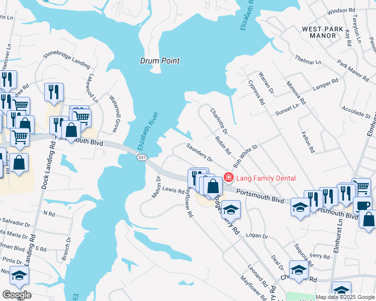 map of restaurants, bars, coffee shops, grocery stores, and more near 826 Melvin Drive in Portsmouth