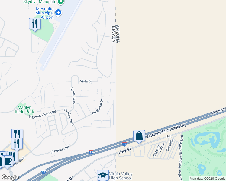 map of restaurants, bars, coffee shops, grocery stores, and more near 1040 Liahona Court in Mesquite