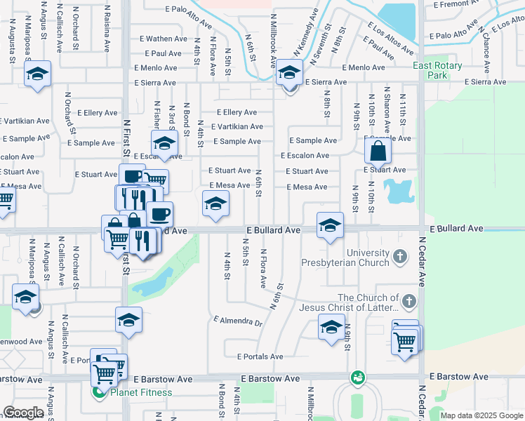 map of restaurants, bars, coffee shops, grocery stores, and more near 6019 North 6th Street in Fresno