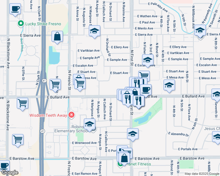 map of restaurants, bars, coffee shops, grocery stores, and more near 5798 North Sherman Avenue in Fresno