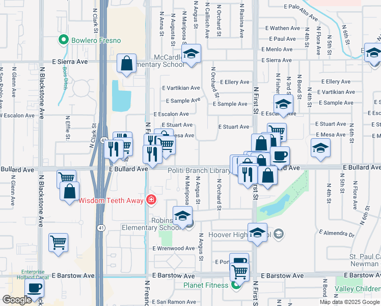 map of restaurants, bars, coffee shops, grocery stores, and more near 550 East Bullard Avenue in Fresno
