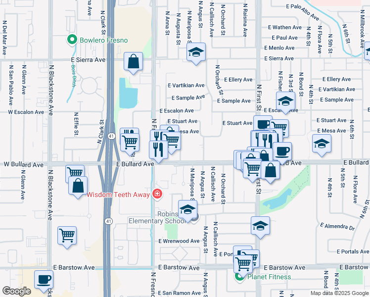 map of restaurants, bars, coffee shops, grocery stores, and more near 550 East Bullard Avenue in Fresno