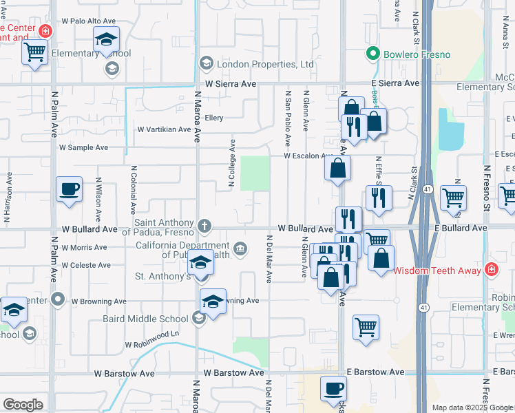 map of restaurants, bars, coffee shops, grocery stores, and more near 6039 North Poplar Avenue in Fresno