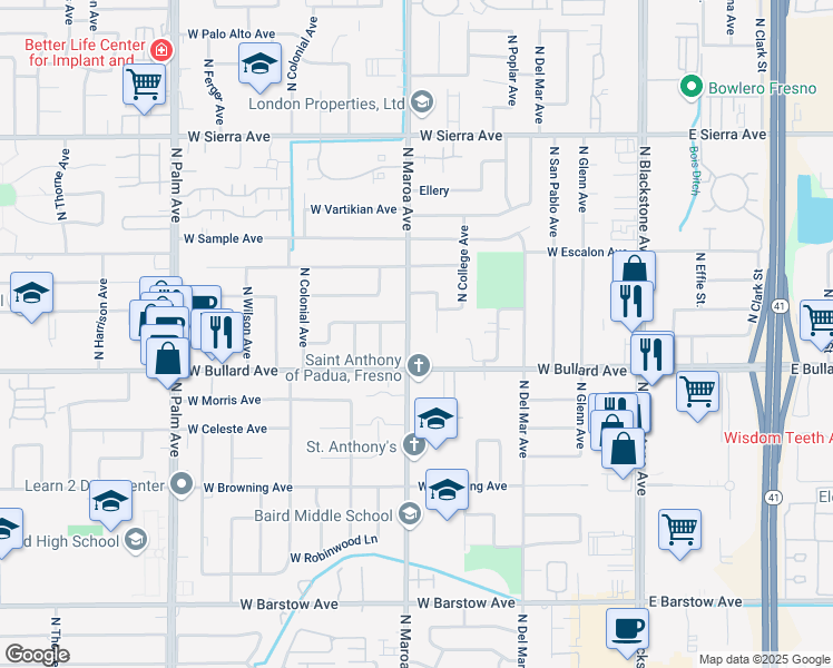 map of restaurants, bars, coffee shops, grocery stores, and more near 6042 North Maroa Avenue in Fresno