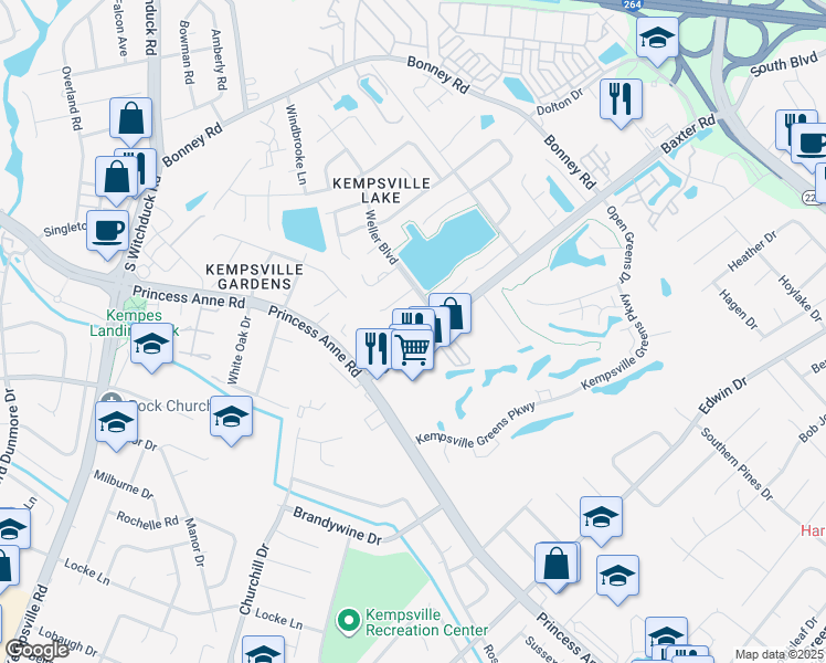 map of restaurants, bars, coffee shops, grocery stores, and more near 4867 Baxter Road in Virginia Beach