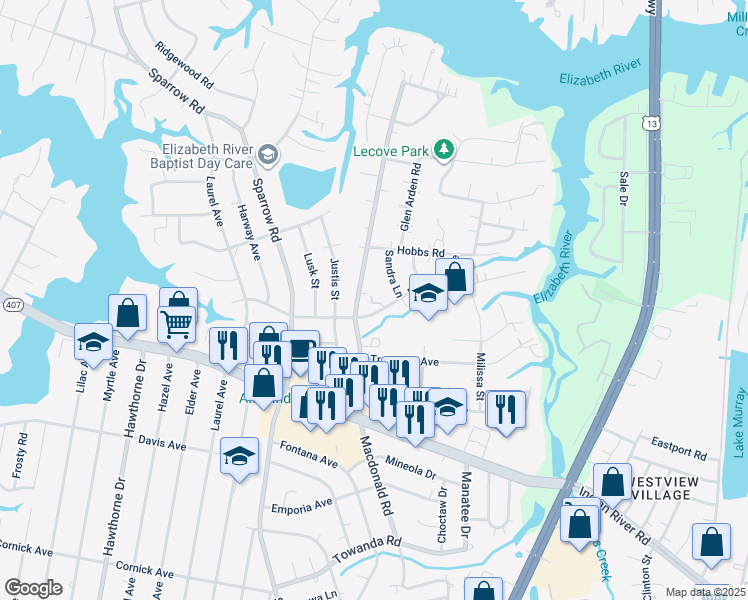 map of restaurants, bars, coffee shops, grocery stores, and more near 908 Neptune Avenue in Virginia Beach