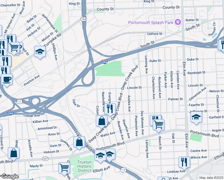 map of restaurants, bars, coffee shops, grocery stores, and more near 1917 Evergreen Place in Portsmouth