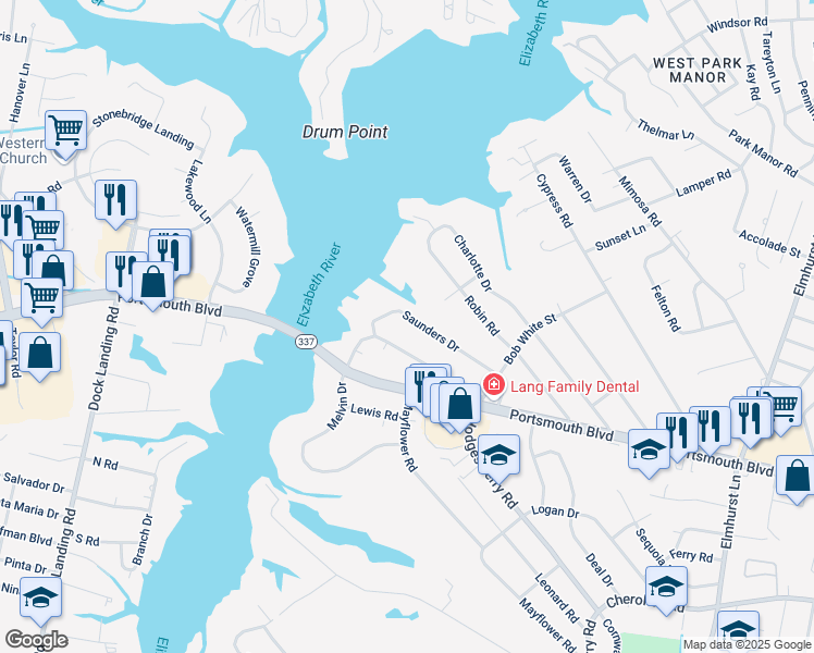 map of restaurants, bars, coffee shops, grocery stores, and more near 826 Melvin Drive in Portsmouth