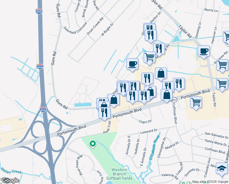map of restaurants, bars, coffee shops, grocery stores, and more near 2413 Gum Road in Chesapeake