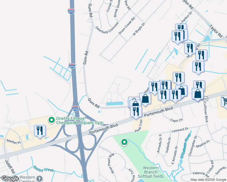 map of restaurants, bars, coffee shops, grocery stores, and more near 4308 Hillingdon Bend in Chesapeake