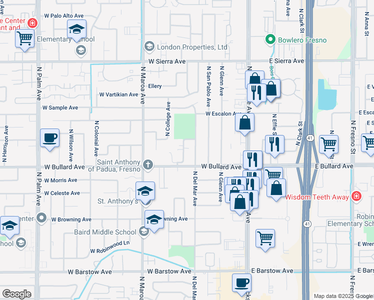 map of restaurants, bars, coffee shops, grocery stores, and more near 6060 North Poplar Avenue in Fresno