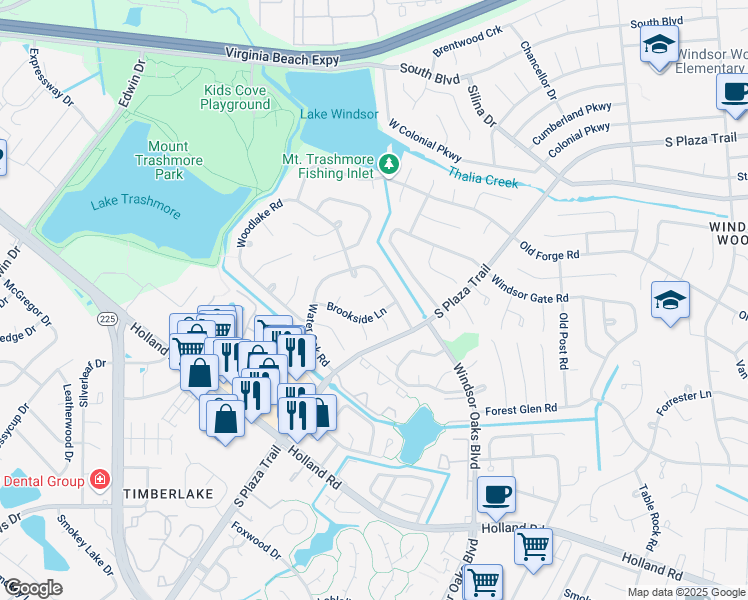 map of restaurants, bars, coffee shops, grocery stores, and more near 4109 Water Oak Place in Virginia Beach