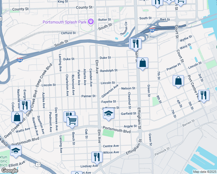 map of restaurants, bars, coffee shops, grocery stores, and more near 1916 Maple Avenue in Portsmouth