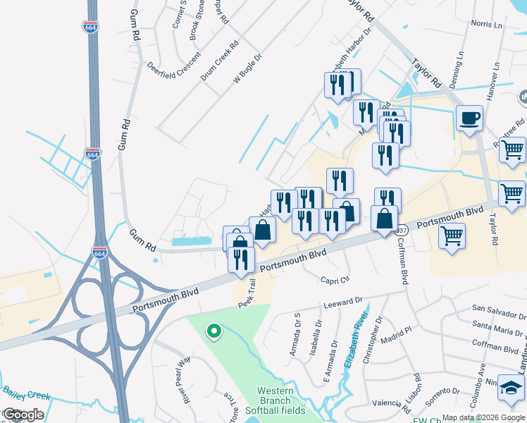 map of restaurants, bars, coffee shops, grocery stores, and more near 2413 Gum Road in Chesapeake