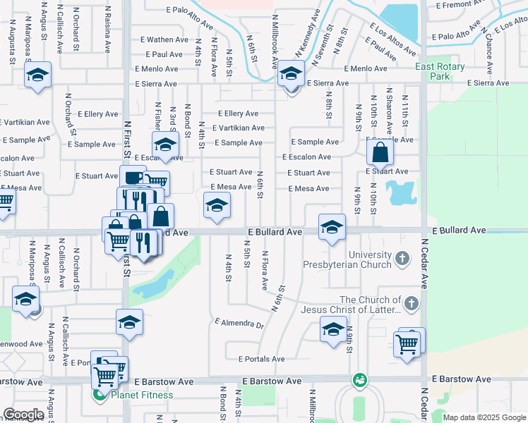 map of restaurants, bars, coffee shops, grocery stores, and more near 6052 North 6th Street in Fresno