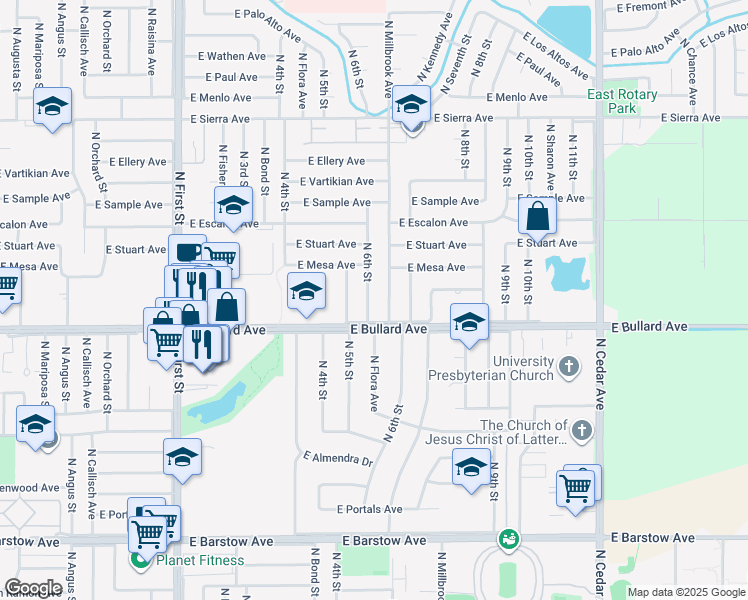 map of restaurants, bars, coffee shops, grocery stores, and more near 6019 North 6th Street in Fresno