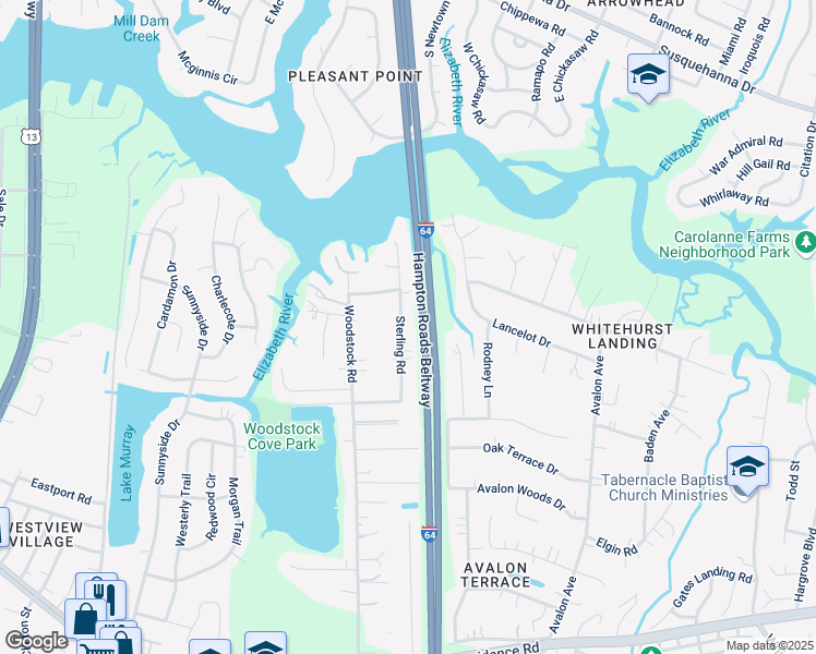 map of restaurants, bars, coffee shops, grocery stores, and more near 552 Sterling Road in Virginia Beach