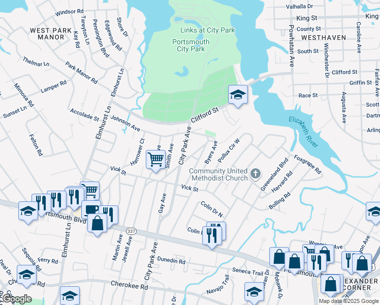 map of restaurants, bars, coffee shops, grocery stores, and more near 109 Beaton Drive in Portsmouth