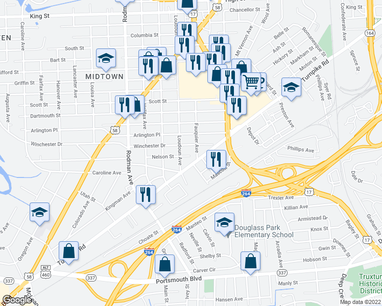 map of restaurants, bars, coffee shops, grocery stores, and more near 3304 Nelson Street in Portsmouth