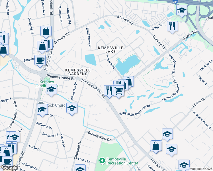map of restaurants, bars, coffee shops, grocery stores, and more near 4924 Princess Anne Road in Virginia Beach